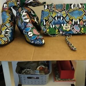 Multicolor Snakeskin Pattern Boots and Handbag Set